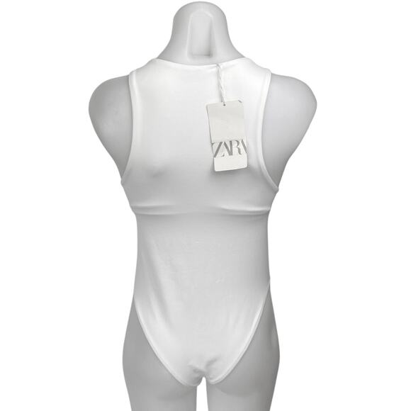 NEW Zara White Sleeveless Racerback High Neck One Piece Bodysuit Tank Top Size M - Picture 2 of 4